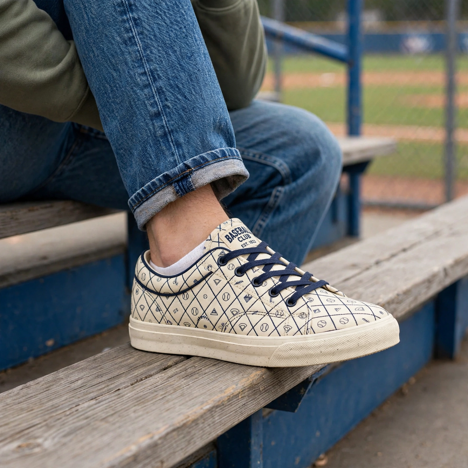 Vintage Baseball Print Sneakers – Retro Diamond Pattern Low Top Shoes - Image 2